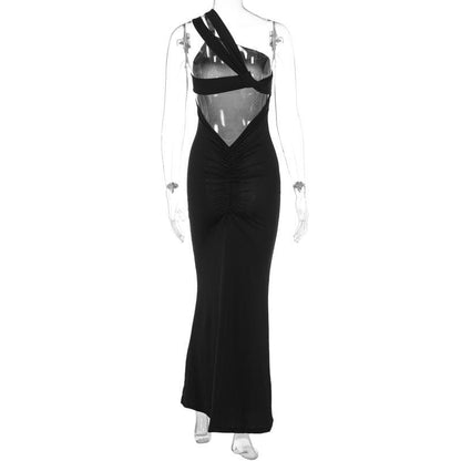 One shoulder ruched irregular backless maxi dress