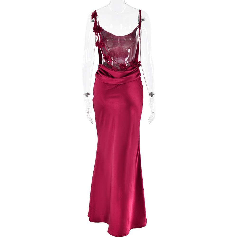 Cowl neck satin flower applique backless cami maxi dress