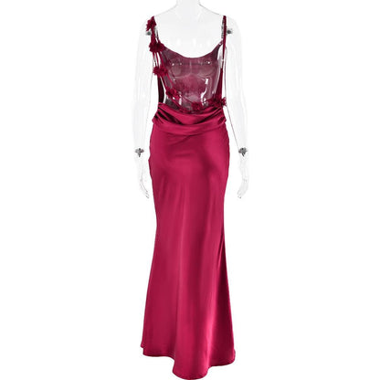 Cowl neck satin flower applique backless cami maxi dress
