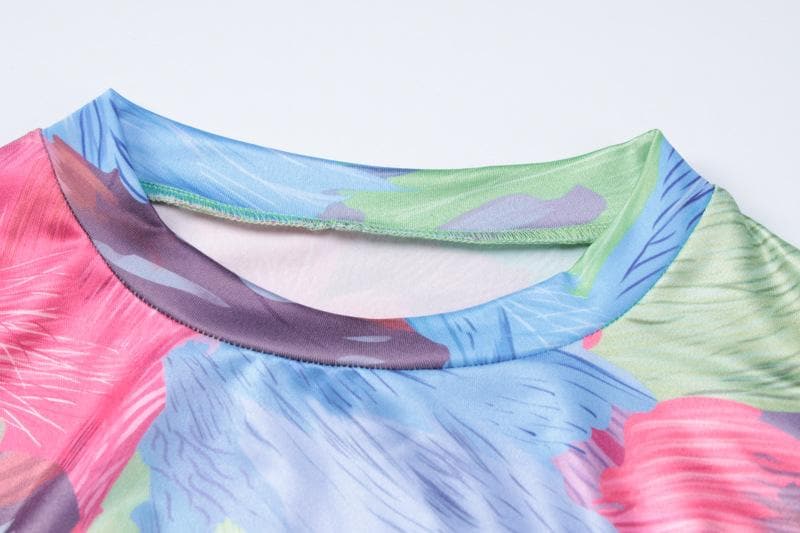 Feather crewneck contrast print long sleeve mini dress