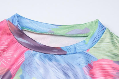 Feather crewneck contrast print long sleeve mini dress