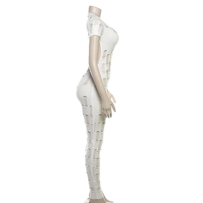 Hollow out short sleeve crewneck knitted backless jumpsuit