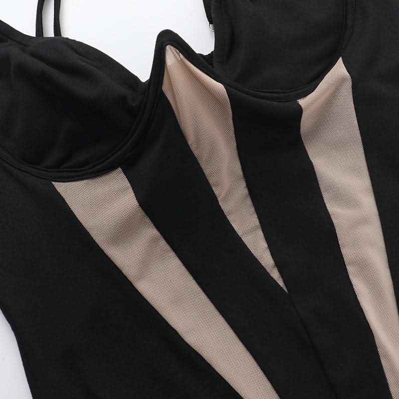 Mesh patchwork backless low cut cami bodysuit
