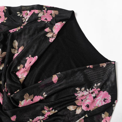 Long flared sleeve cowl neck ruffle flower print sheer mesh mini dress