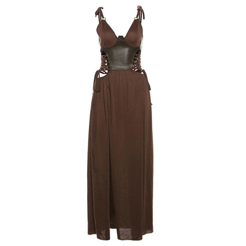 V neck PU leather patchwork high slit maxi dress-final-sale
