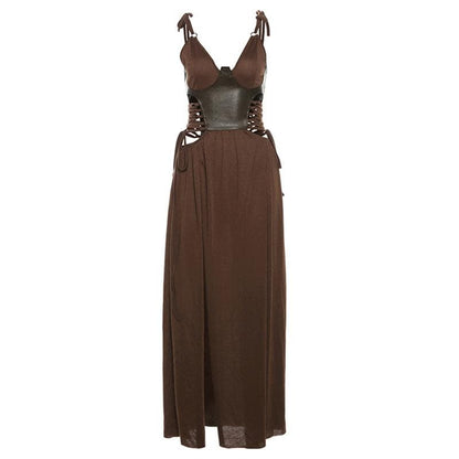 V neck PU leather patchwork high slit maxi dress-final-sale