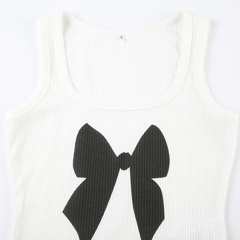 Square neck bowknot pattern ribbed tank top