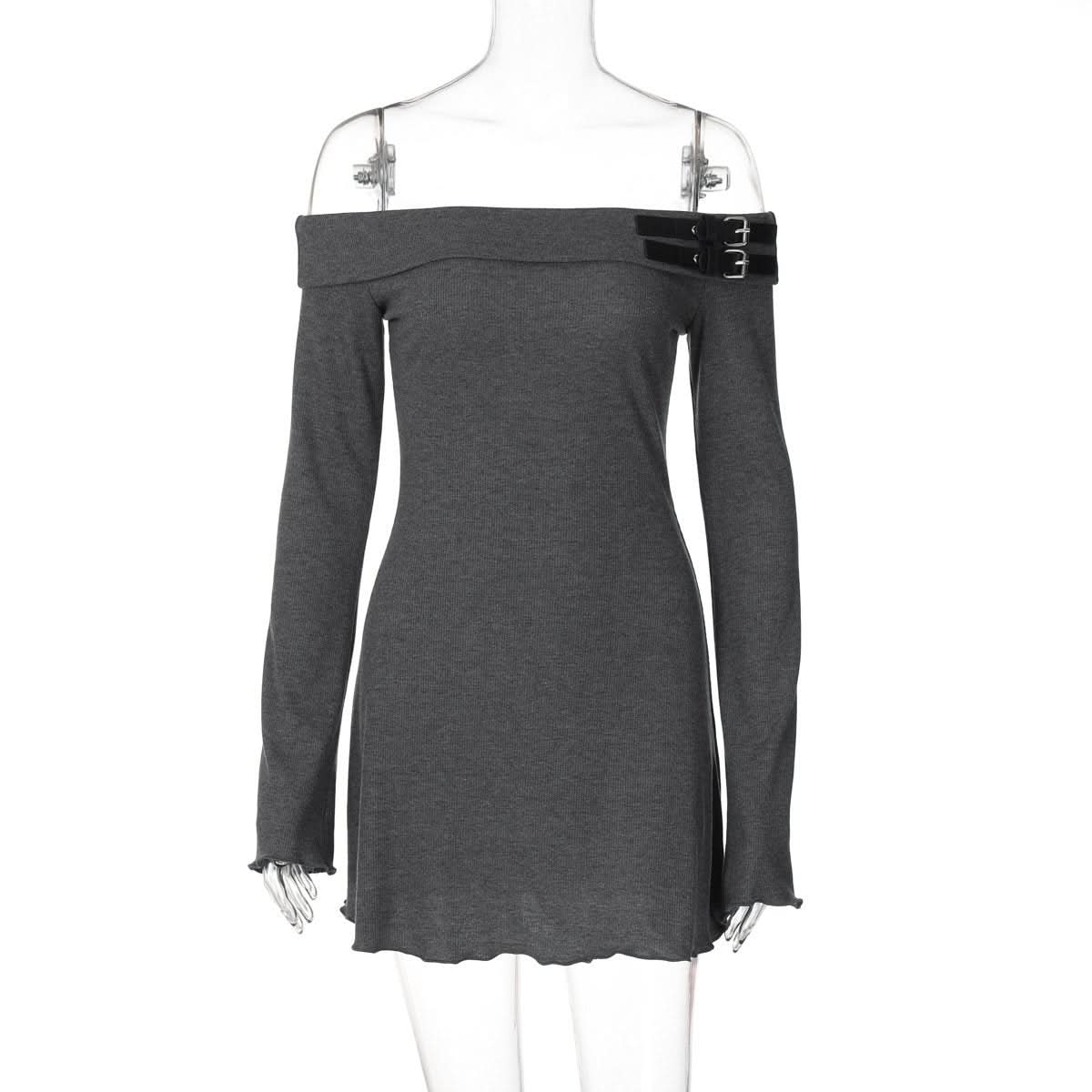 Off shoulder long sleeve buckle mini dress