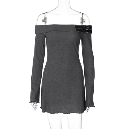 Off shoulder long sleeve buckle mini dress