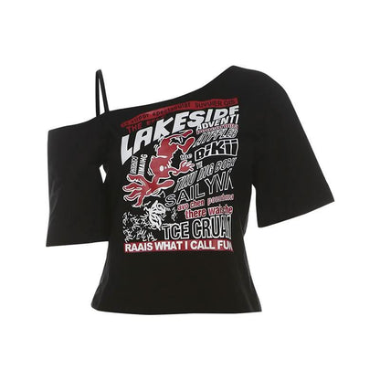Irregular short sleeve hollow out letter print cut out top