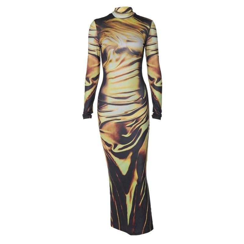 Mock Neck Long Sleeve Abstract Trompe L Oeil Drape Print Bodycon Maxi Dress
