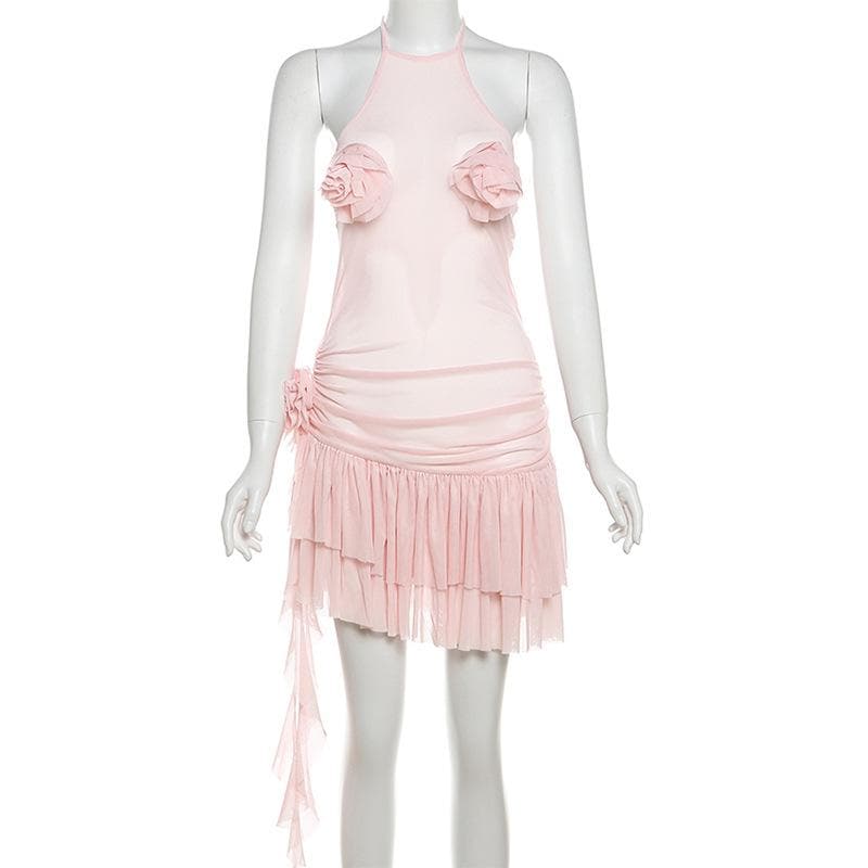 Halter sheer mesh ruffle flower applique mini dress