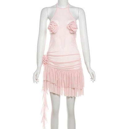Halter sheer mesh ruffle flower applique mini dress