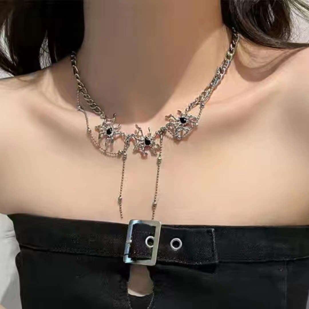 Spider abstract rhinestone metal chain necklace