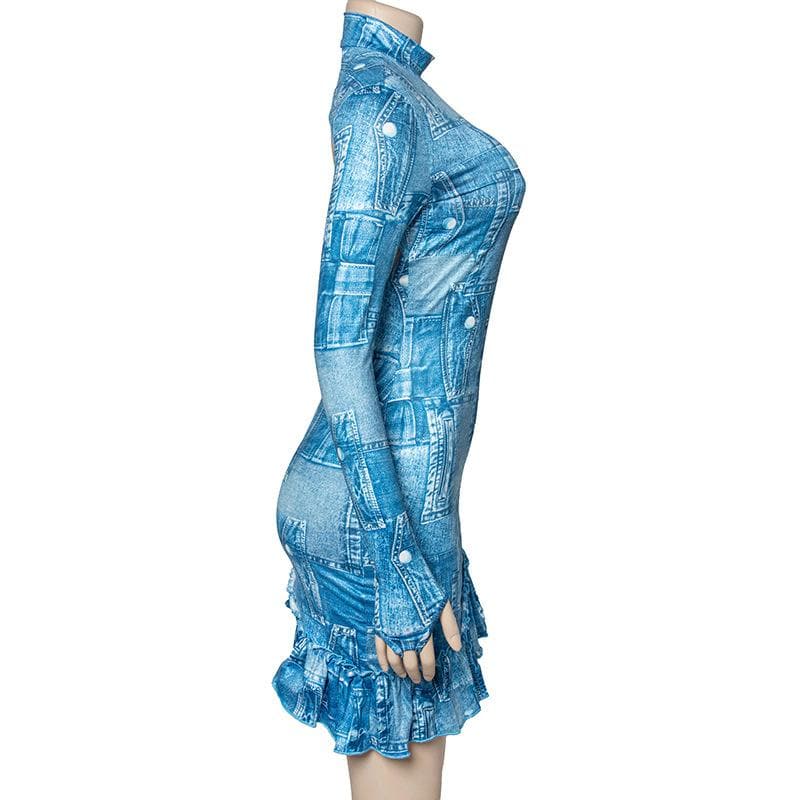 Ruffle long sleeve denim print backless high neck mini dress