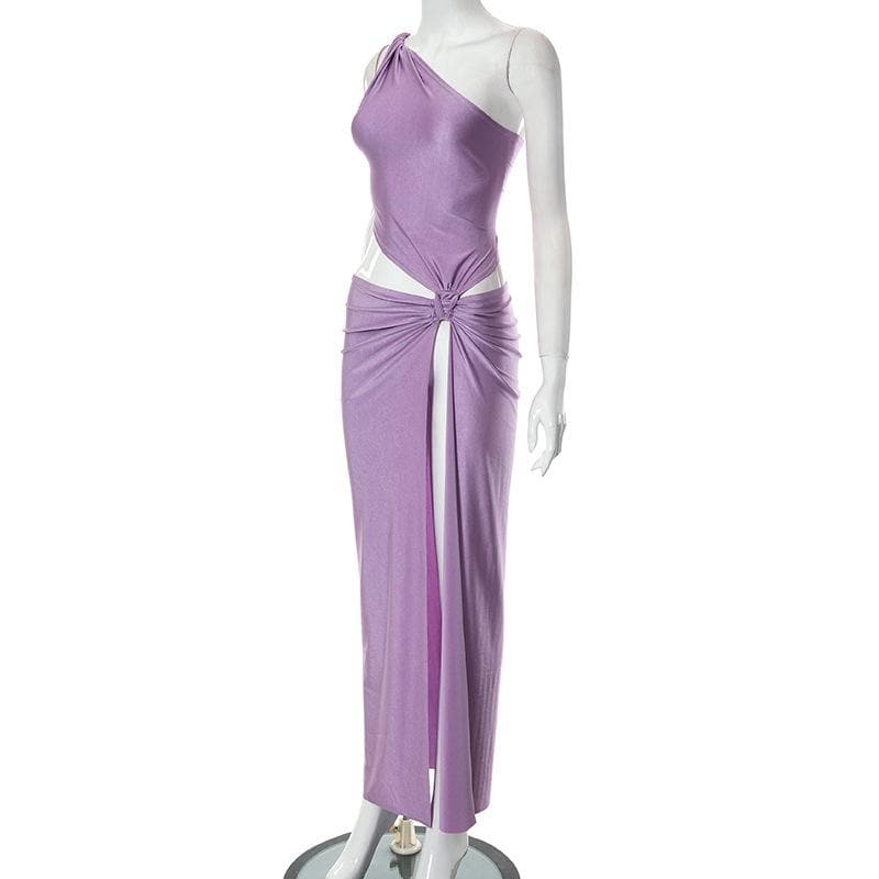 Knotted irregular one shoulder hollow out slit cut out maxi dress