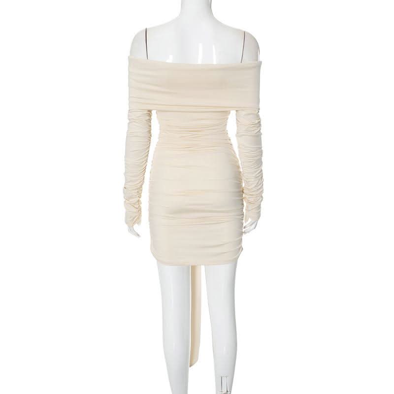 Long sleeve off shoulder ruched knotted mini dress