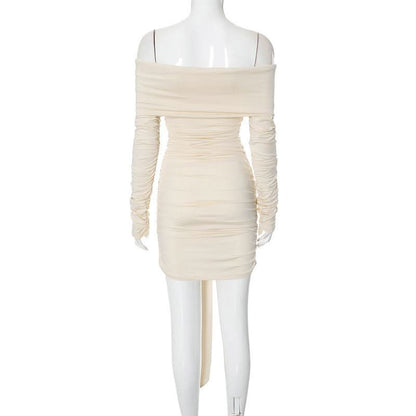 Long sleeve off shoulder ruched knotted mini dress