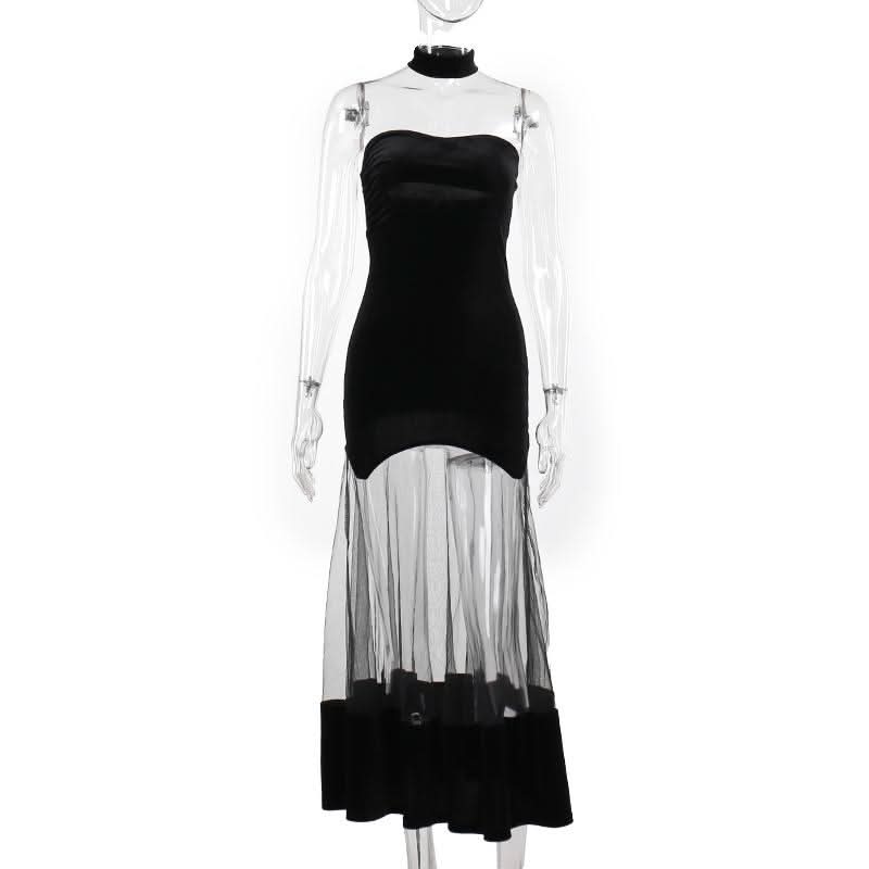 Ruched velvet mesh patchwork tube midi dress