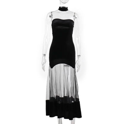 Ruched velvet mesh patchwork tube midi dress