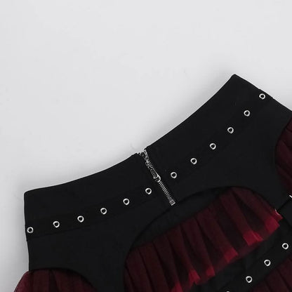 Mesh garter belt ruffle zip-up mini skirt