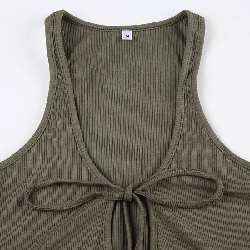 U neck self tie hollow out solid cut out maxi dress