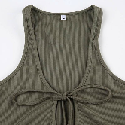 U neck self tie hollow out solid cut out maxi dress