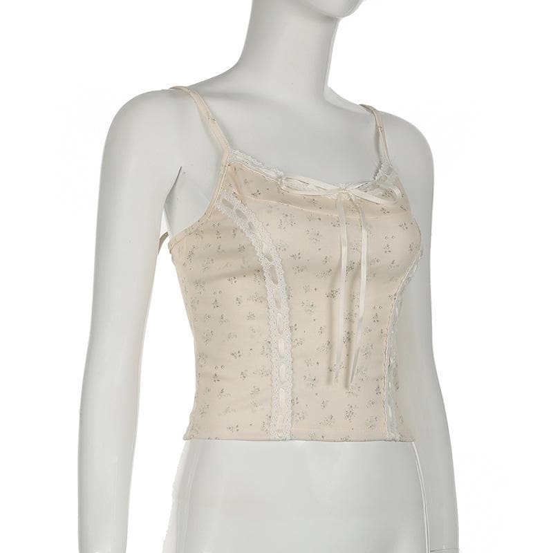 Lace hem bowknot ribbon print stitch cami top