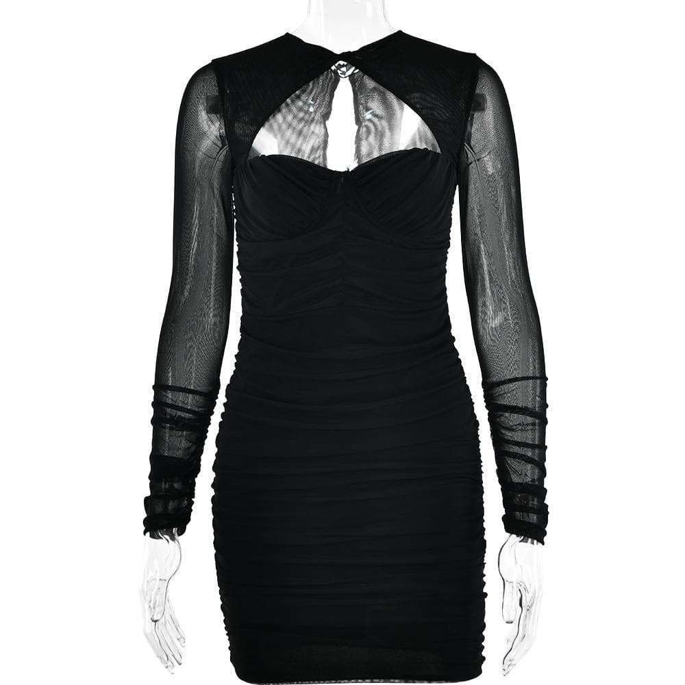 Hollow out ruched mesh long sleeve zip-up button cut out mini dress
