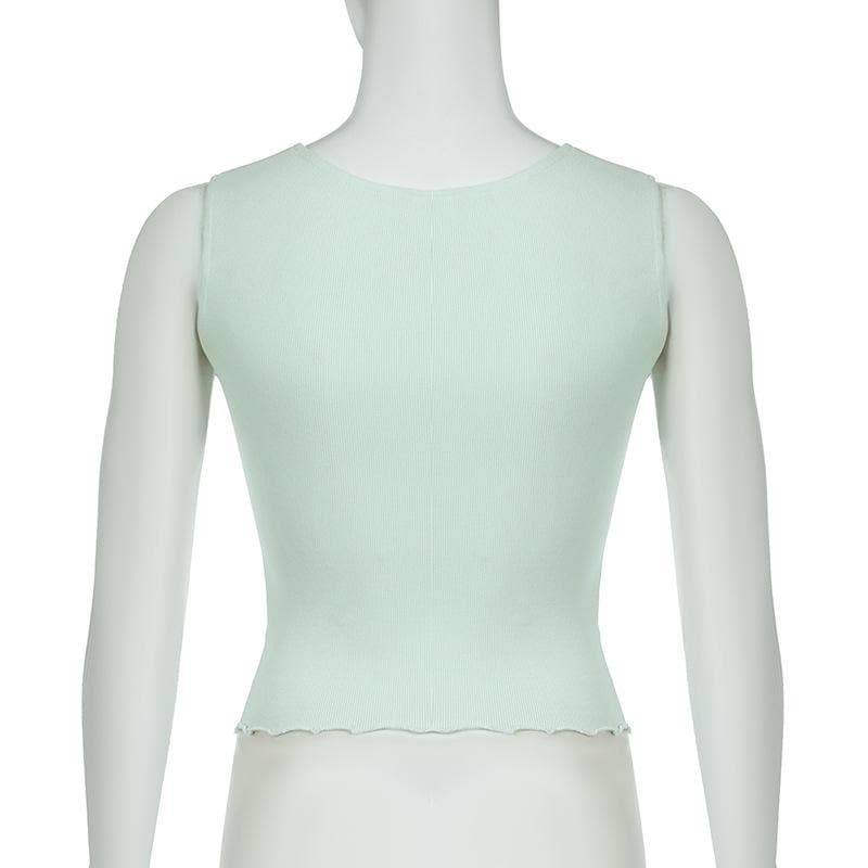 Ruffle ribbed bowknot solid ruched top