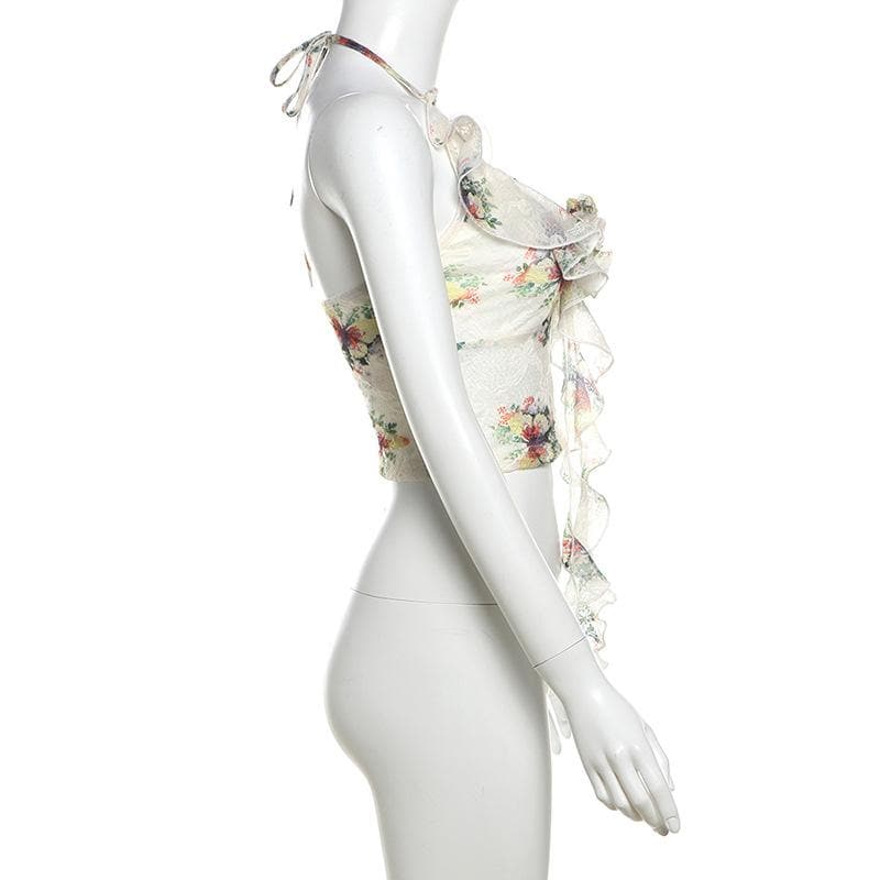 Halter ruffle u neck flower applique print top