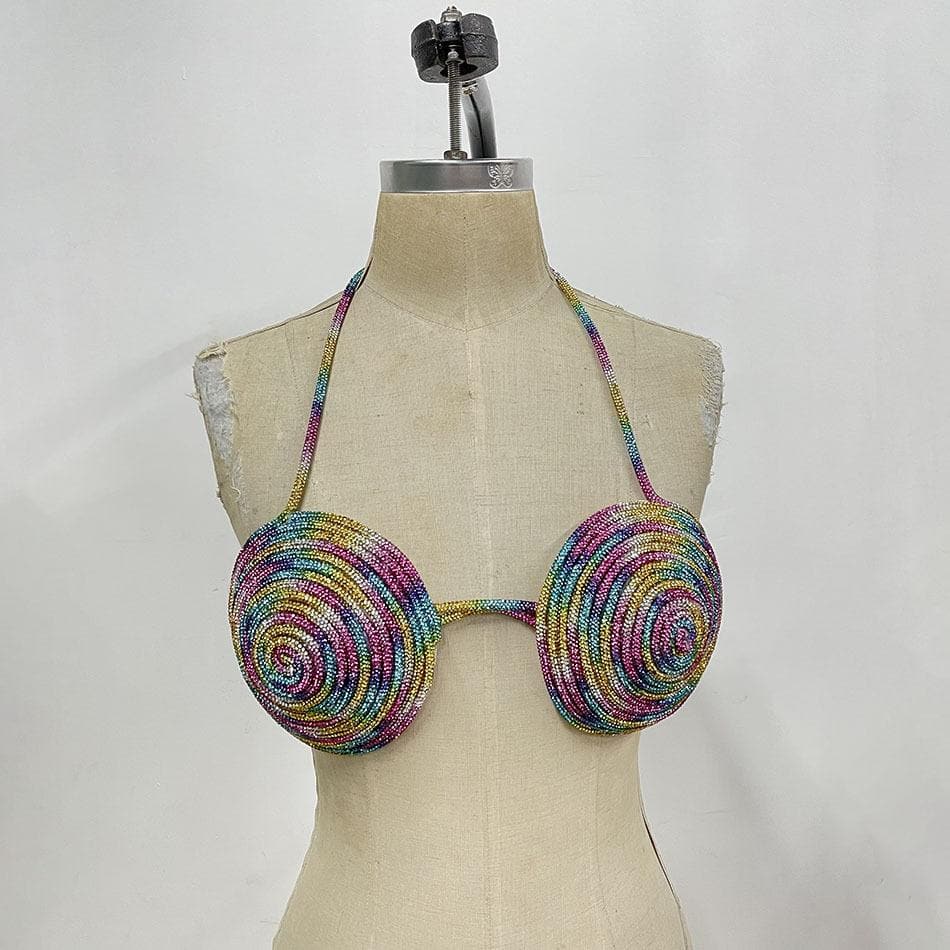 Halter beaded metal chain contrast bra top