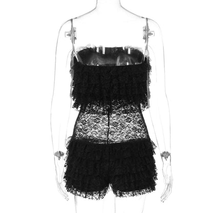 Lace ruffle bowknot tube romper