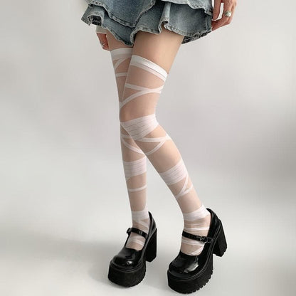 Bandage detail sheer mesh thigh high socks
