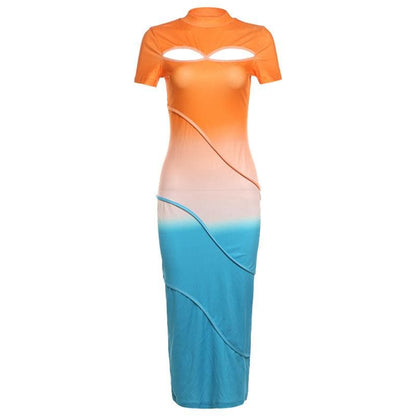 Short sleeve crewneck stitch contrast hollow out cut out midi dress