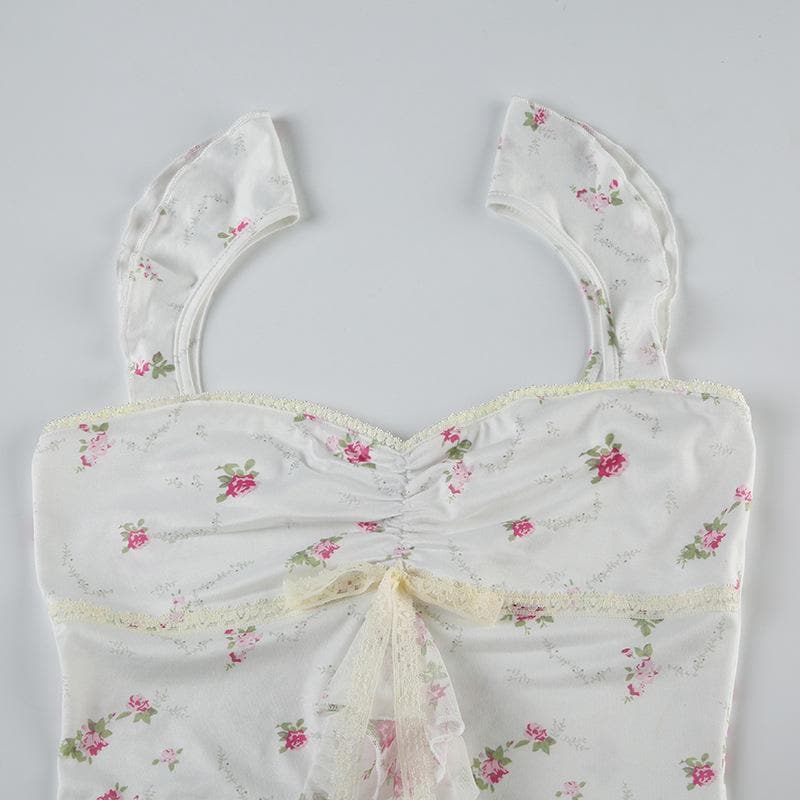 Lace hem bowknot ruched flower print cami top