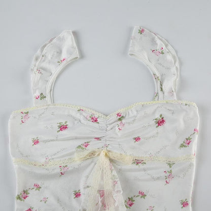 Lace hem bowknot ruched flower print cami top