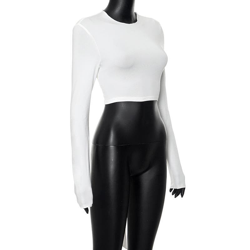 Self tie backless solid long sleeve crewneck top