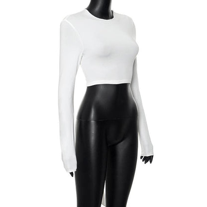 Self tie backless solid long sleeve crewneck top