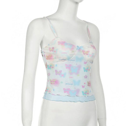 Bowknot butterfly print mesh ruffle cami top-final-sale