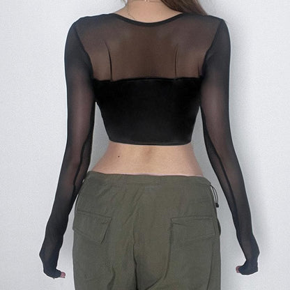 Lace up square neck mesh long sleeve crop top
