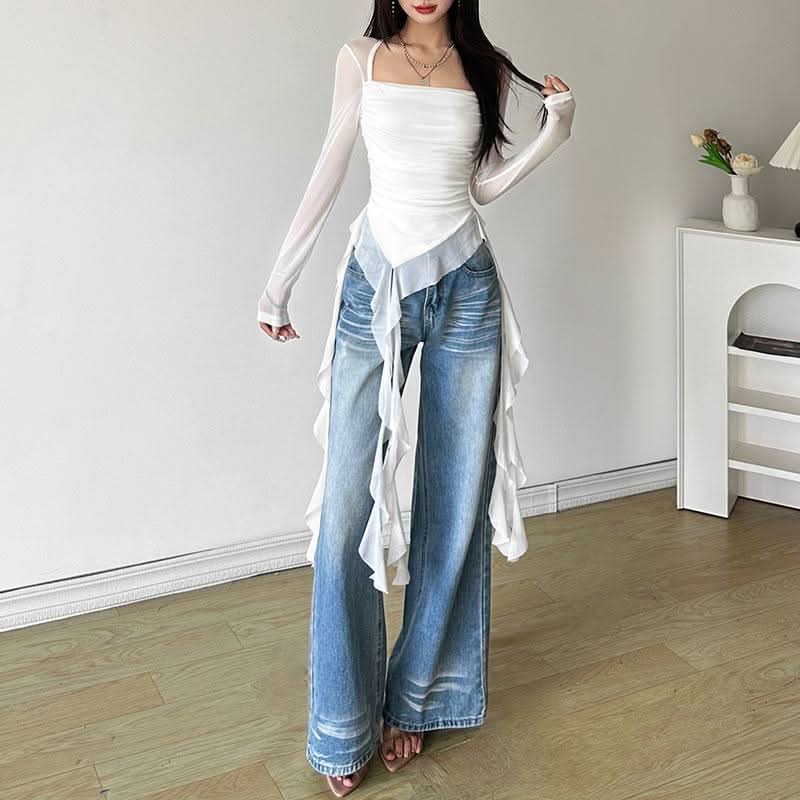 Long sleeve square neck irregular ruched mesh top