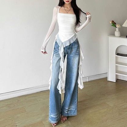 Long sleeve square neck irregular ruched mesh top