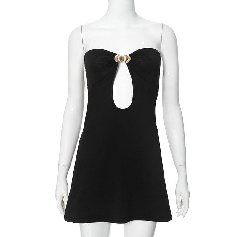 Metal applique hollow out solid tube cut out mini dress