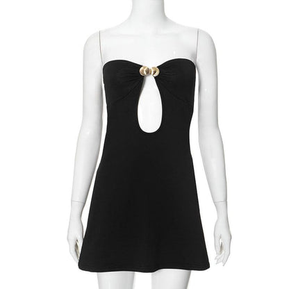 Metal applique hollow out solid tube cut out mini dress