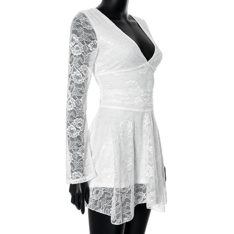 Lace v neck long sleeve self tie backless mini dress