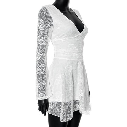 Lace v neck long sleeve self tie backless mini dress