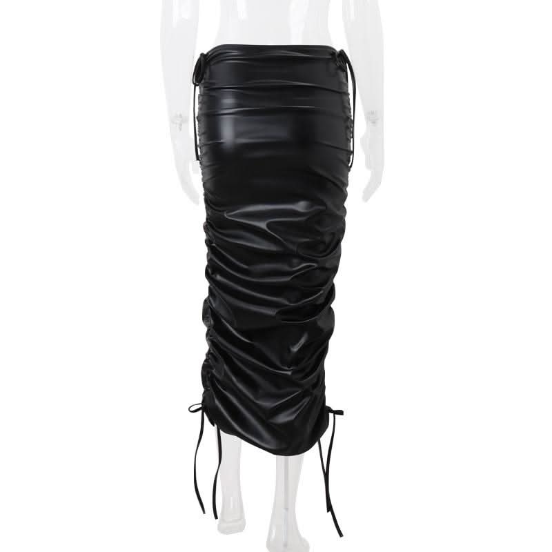 Ruched self tie PU leather solid midi skirt