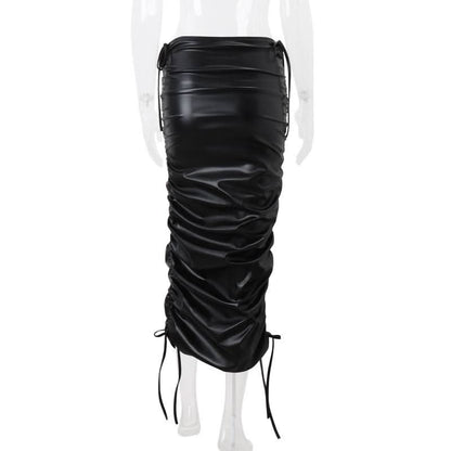 Ruched self tie PU leather solid midi skirt
