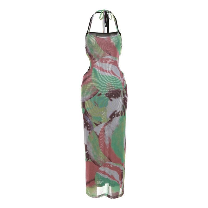 Halter self tie contrast print sheer mesh backless hollow out cut out maxi dress